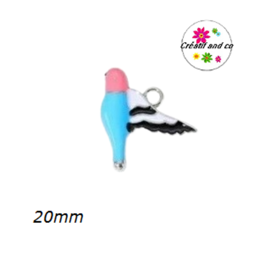 Breloque oiseau rose/turquoise émail 20mm
