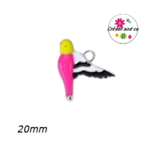 Breloque oiseau jaune/fuschia émail 20mm