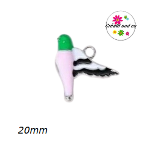 Breloque oiseau vert/rose pâle émail 20mm