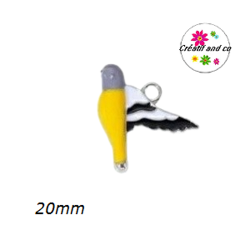 Breloque oiseau parme/jaune émail 20mm