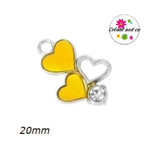 Breloque trio de coeur jaune et strass émail 20mm