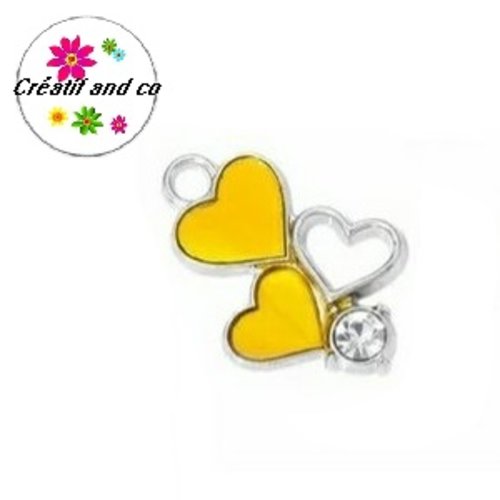 Breloque trio de coeur jaune et strass émail 20mm