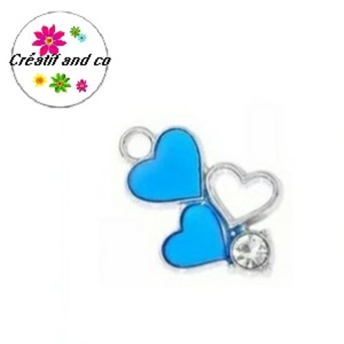 Breloque trio de coeur bleu et strass émail 20mm