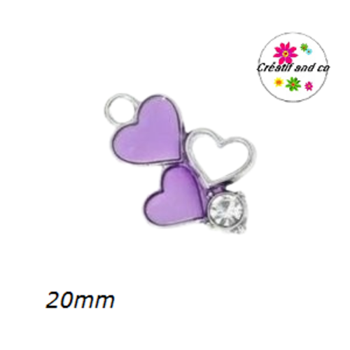 Breloque trio de coeur mauve/lilas et strass émail 20mm