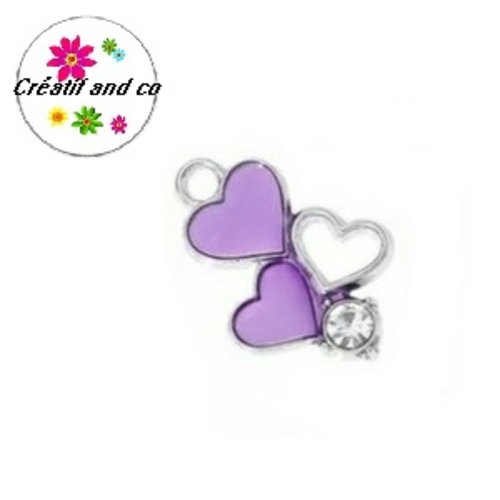 Breloque trio de coeur mauve/lilas et strass émail 20mm