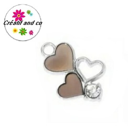 Breloque trio de coeur marron et strass émail 20mm