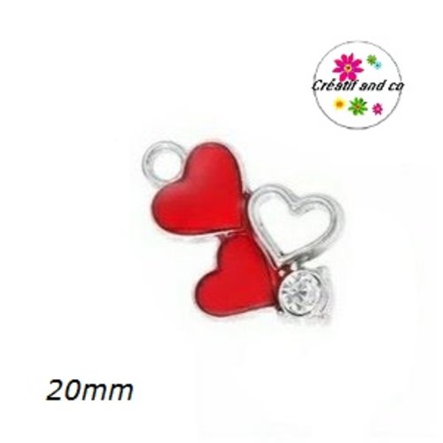Breloque trio de coeur rouge et strass émail 20mm