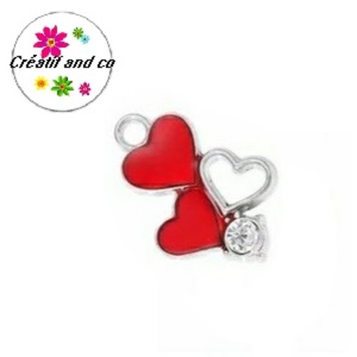 Breloque trio de coeur rouge et strass émail 20mm