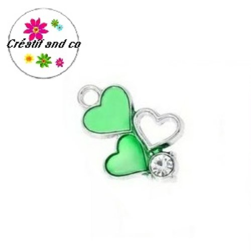 Breloque trio de coeur vert et strass émail 20mm