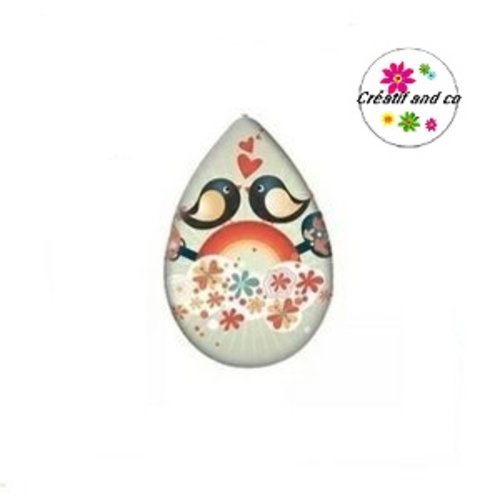 Cabochon goutte duo d'oiseaux amoureux 18x25mm