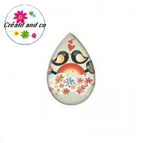 Cabochon goutte duo d'oiseaux amoureux 18x25mm