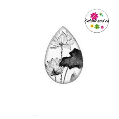 Cabochon goutte trio de fleur blanche/noire 18x25mm