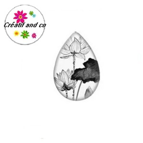 Cabochon goutte trio de fleur blanche/noire 18x25mm