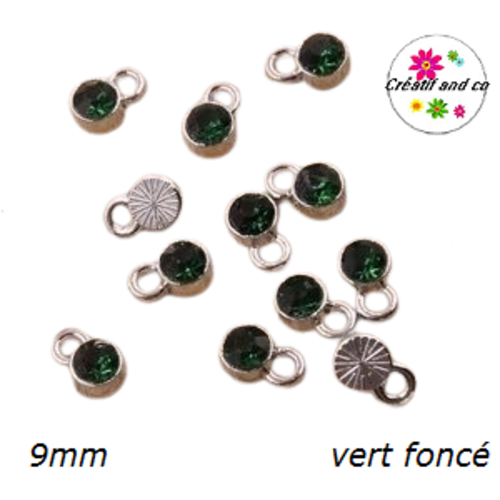Pendentif/breloque strass vert foncé 9mm