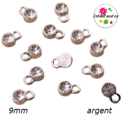 Pendentif/breloque strass argent 9mm