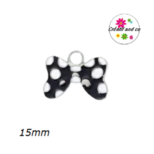 Breloque noeud noir à pois blanc émail 15mm