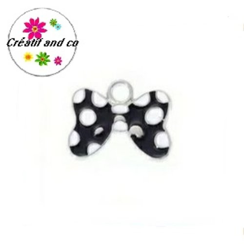 Breloque noeud noir à pois blanc émail 15x11mm