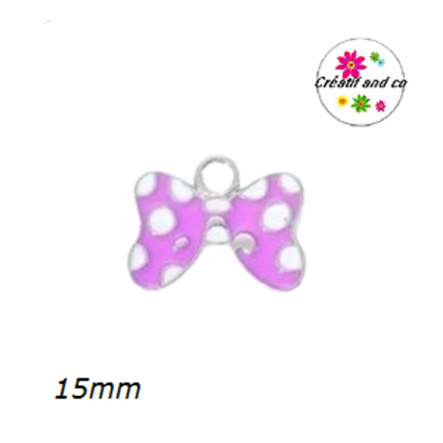 Breloque noeud parme à pois blanc émail 15mm