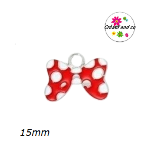 Breloque noeud rouge à pois blanc émail 15mm
