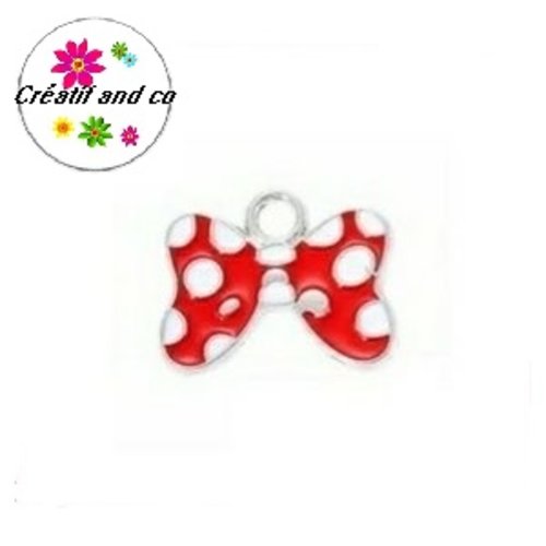 Breloque noeud rouge à pois blanc émail 15x11mm