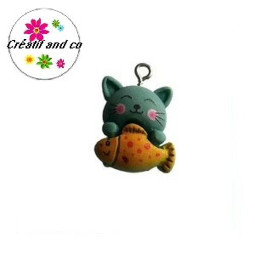 Breloque chat et son poisson kawaï 19mm