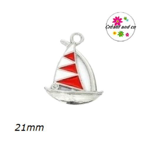 Breloque voilier blanc/rouge émail 21mm