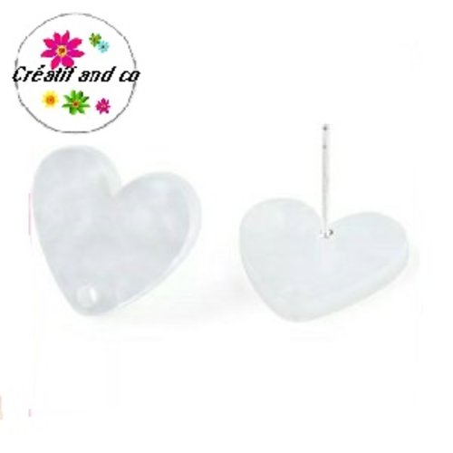 Clou oreille coeur blanc nacrée acrylique et tige argent 925