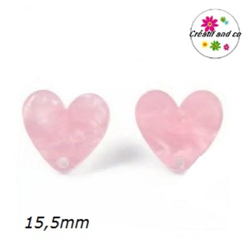 Clou oreille coeur rose pâle nacrée acrylique et tige argent 925