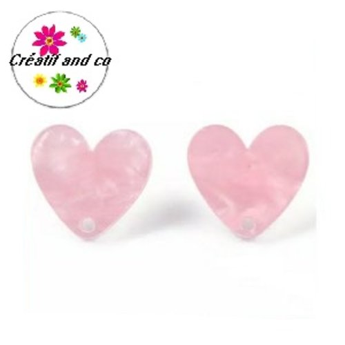 Clou oreille coeur rose pâle nacrée acrylique et tige argent 925