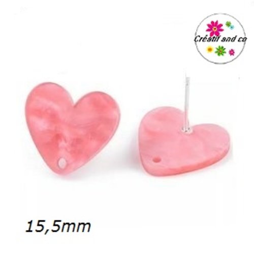 Clou oreille coeur rose nacrée acrylique et tige argent 925