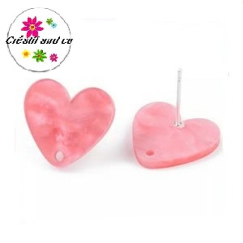 Clou oreille coeur rose nacrée acrylique et tige argent 925