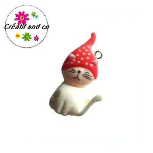 Breloque chat blanc et son bonnet rouge kawaï 38mm