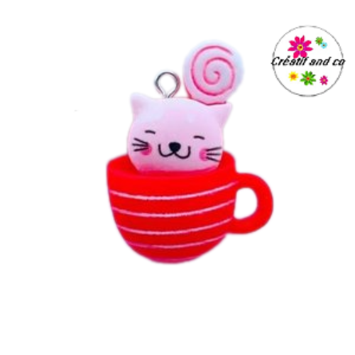 Breloque chat rose dans tasse kawaï 35mm