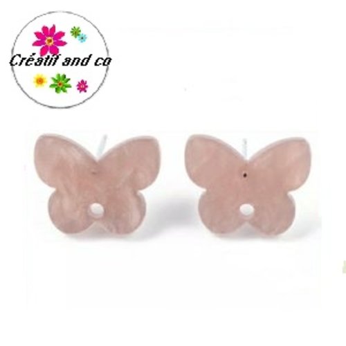 Clou oreille papillon rose foncé nacré acrylique et tige argent 925