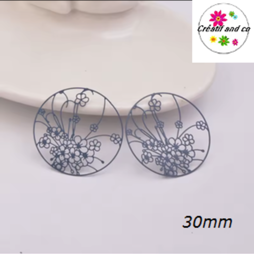 Breloque estampe fleur bleu nuit dans cercle 30mm