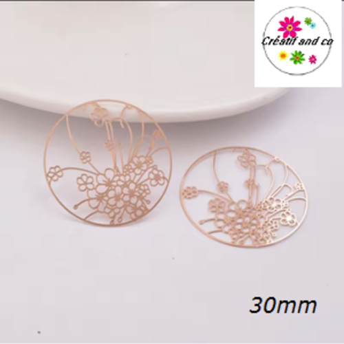 Breloque estampe fleur rose gold dans cercle 30mm