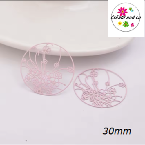 Breloque estampe fleur rose dans cercle 30mm