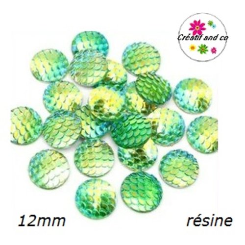 X2 cabochons écaille verte résine 12mm