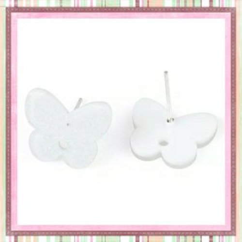 Clou oreille papillon blanc paillette acrylique et tige argent 925