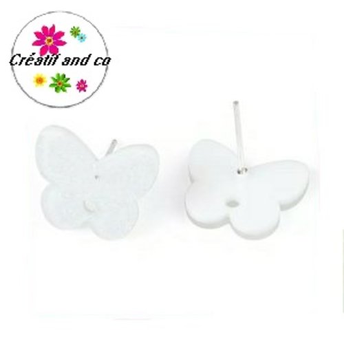 Clou oreille papillon blanc paillette acrylique et tige argent 925