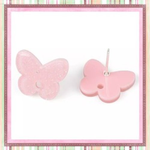 Clou oreille papillon rose paillette acrylique et tige argent 925