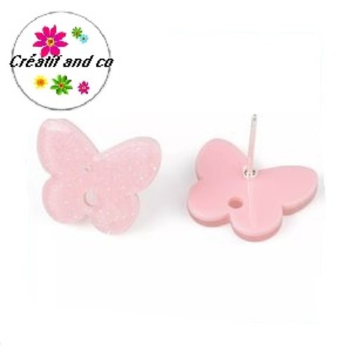 Clou oreille papillon rose paillette acrylique et tige argent 925