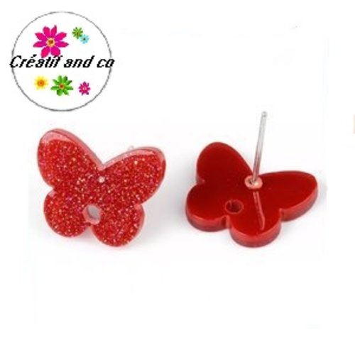 Clou oreille papillon rouge paillette acrylique et tige argent 925