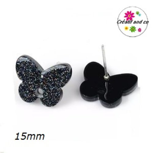 Clou oreille papillon noir paillette acrylique et tige argent 925