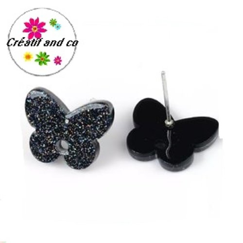 Clou oreille papillon noir paillette acrylique et tige argent 925