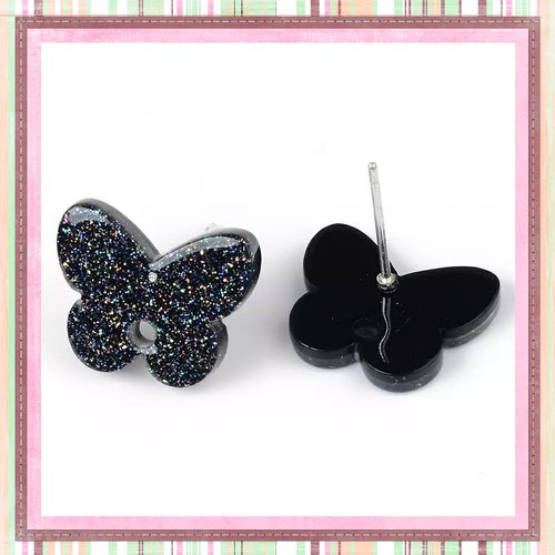 Clou oreille papillon noir paillette acrylique et tige argent 925