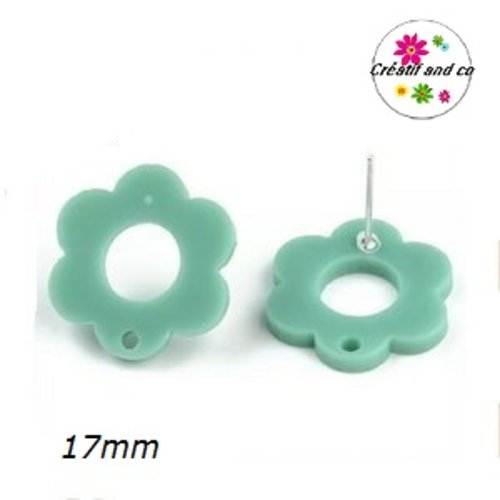 Clou oreille fleur verte acrylique et tige argent 925