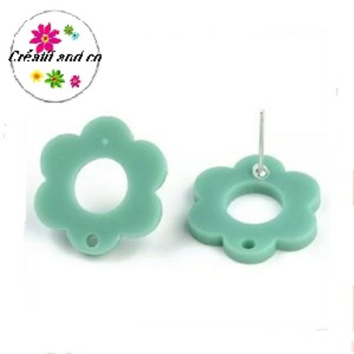 Clou oreille fleur verte acrylique et tige argent 925