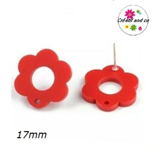 Clou oreille fleur rouge acrylique et tige argent 925