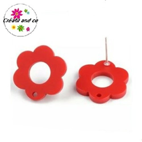 Clou oreille fleur rouge acrylique et tige argent 925